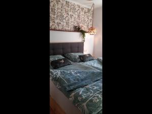 吕本瑙Zur alten Gurkeneinlegerei的一间卧室配有一张带蓝色棉被和枕头的床