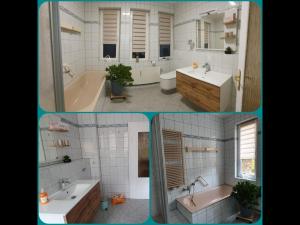 施瓦岑贝格NEU! Ferienwohnung Unger的浴室的两张照片,配有两个盥洗盆和浴缸