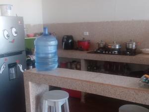 通贝斯Acogedora casa frente al mar的厨房的柜台上摆放着一大瓶水