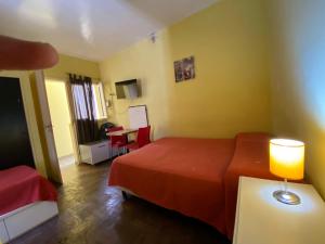 布宜诺斯艾利斯迈特套房旅馆的酒店客房配有一张床铺和一张桌子。