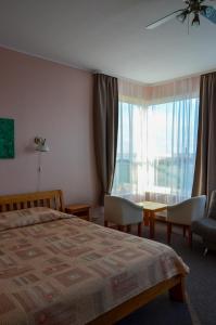温特Viešbutis Ventainė的一间卧室配有一张床、一张桌子和一个窗户。