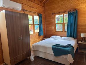 凯麦尔Likya Yanartaş Bungalow的一间卧室配有一张带蓝色窗帘的床和一扇窗户