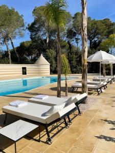 奥尼萨诺Villa Di Noi的游泳池旁的一排躺椅