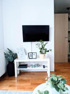 Velika MlakaDoMa-Lu apartment with free parking的客厅配有白色桌子上的电视
