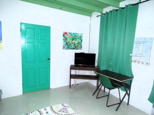 威廉斯塔德Apartment Rustic Curaçao的一间设有绿门和书桌的客房