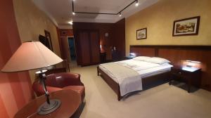 尼什GM Apart Hotel Central Zone的一间卧室配有一张床、一盏灯和一把椅子