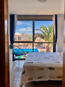 科斯塔德安提瓜Villa Costa Antigua Piscina的一间卧室配有一张床,享有游泳池的景色