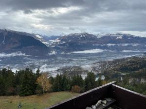 克莱恩 蒙塔纳Bel appartement de 2 chambres avec magnifique vue à Crans-Montana的享有山谷和白雪覆盖的山脉的景色