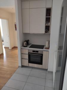 贝尔格莱德Belgrade Waterfront Comfortable Apartment的厨房配有白色橱柜和炉灶烤箱。