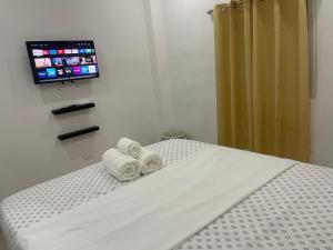 Monte PlataPlataview Apartahotel apt 4C的客房设有带毛巾的床和电视。