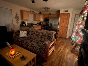 加特林堡Mountain Zen PRN的带沙发和圣诞树的客厅