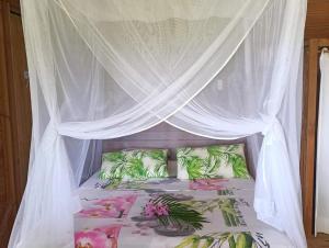 德赛Ma cabane的一张带粉红色和绿色枕头的华盖床