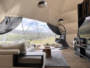 克伦威尔Glamping Dome - Pinot的带沙发和大窗户的客厅