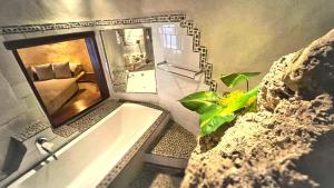 塔纳岛Rockwater Resort的带浴缸、镜子和植物的浴室
