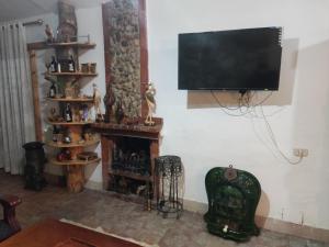 Ben Metirchalet el ghaba的客厅设有壁炉和平面电视。