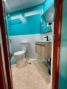 科罗尔Ngermid Oasis - Studio W/ Kitchenette & Pool View的蓝色的浴室设有卫生间和水槽