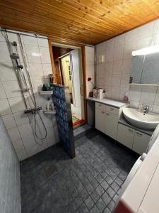 基蒂莱Talo-Villa- 3 mh+s - Kittilä - Levi upea keittiö的浴室配有盥洗盆、淋浴和盥洗盆。