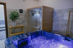 巴亚斯普列秘密花园酒店的浴室配有淋浴和蓝色浴缸。