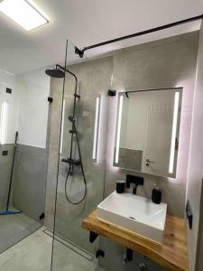 格拉德贝克Zechenbude - Erlebe das Ruhrgebiet的浴室配有盥洗盆和带镜子的淋浴