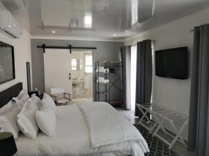 开普敦Mi Amor self catering apartment的卧室配有白色的床和电视。