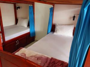 大叻卡姆里民宿的小房间设有两张床,配有蓝色窗帘