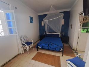 沃利迪耶Villa La Palmeraie的一间卧室配有一张带天蓬的蓝色床