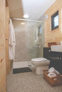 HiltonEdgmond Lodges - Scropton的带淋浴、卫生间和盥洗盆的浴室