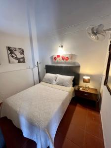 蒙波斯Apartamento Familiar Puerta Azul的一间小卧室,配有白色的床和一盏灯