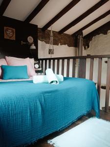 米耶雷斯La Faya - La Vallicuerra Casas Rurales的一间卧室配有一张带蓝色毯子的床