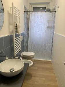 博洛尼亚GRAMSCI 2 rooms的一间带水槽、卫生间和淋浴的浴室