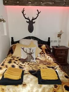 埃德温斯托Willow's Cottage的一间卧室,配有一张带鹿头的床