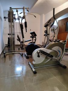 萨格勒布Villa Vino & Grad的健身房,室内配有几辆健身自行车