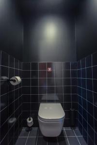 勒阿弗尔JOST Hôtel Le Havre Centre Gare的一间带卫生间的浴室和蓝色瓷砖墙壁。