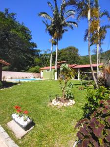 弗洛里亚诺波利斯LagoMar Hostel的棕榈树庭院和游泳池