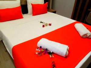伊斯坦布尔sultanahmet musıc house的一张铺有红白床单和红色枕头的床