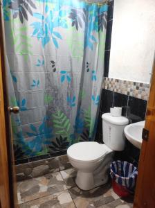 MachachiIlinizas Wasi Hospedaje-Restaurante的一间带卫生间和淋浴帘的浴室