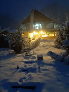 ProkupljeBeli Kamen etno selo的夜晚在房子前面的雪地覆盖的院子