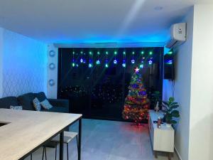 圣萨尔瓦多Paradise Apartment的客厅,窗户上摆放着圣诞树