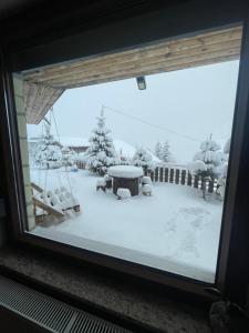 泰托沃Villa 80 Kodra e Diellit的雪地覆盖的院子的窗户
