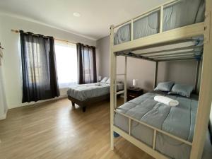 纳塔列斯港Casa Patagonia的一间卧室配有两张双层床和一张四柱床。