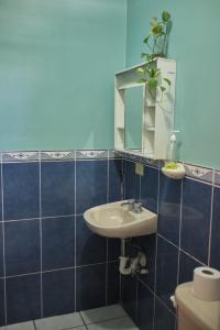 科马亚瓜Apto casco histórico Acropolis的蓝色瓷砖浴室设有水槽和镜子