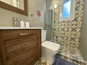雅典The blue house Athens的浴室配有卫生间、盥洗盆和淋浴。