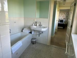 登乌弗Villa Nieuwland B&B的浴室配有盥洗盆、浴缸和盥洗盆