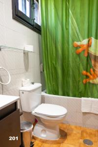 乌娜Hotel Uña Serranía Encantada的浴室设有卫生间和绿色淋浴帘。
