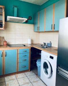 图库姆斯Studio tipa dzīvoklis的厨房配有蓝色橱柜和洗衣机。