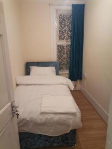 伦敦Nice Single Room near London Seven Kings Train station的一间卧室配有床和蓝色窗帘的窗户