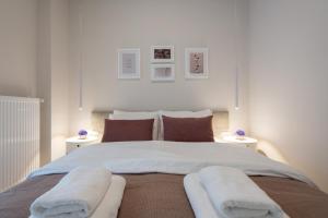 雅典Charming two bedrooms Apartment walk to Acropolis的一间卧室配有一张带2个床头柜的大床