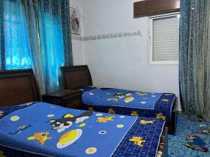 伊尔比德Jad apartment的两张位于带蓝色床单和卡通画的房间的床铺