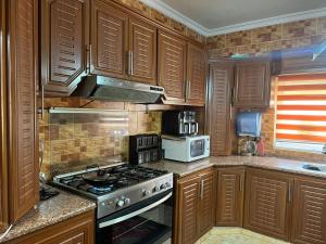 伊尔比德Jad apartment的厨房配有木制橱柜和炉灶烤箱。