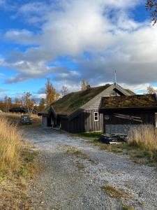 耶卢Vakker hytte med fantastisk utsikt的一座带草地屋顶的古老谷仓,有一条碎石路